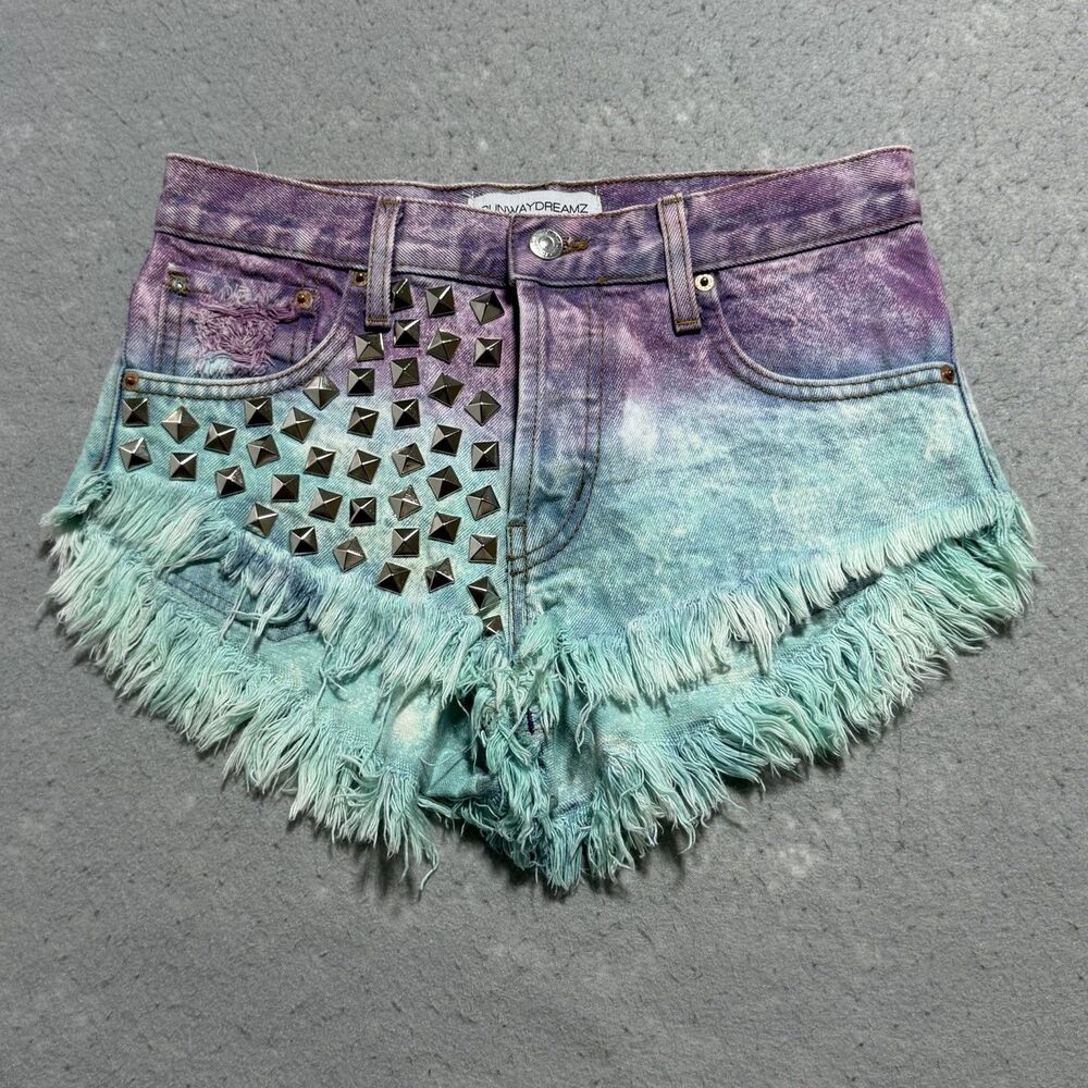 Runwaydreamz Distressed Denim Shorts Women’s XS Purple Ombré Button Fly Festival